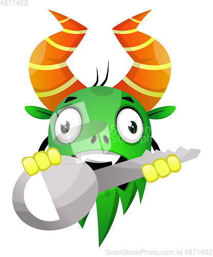 Image of Cartoon monster holding huge key, illustration, vector on white 