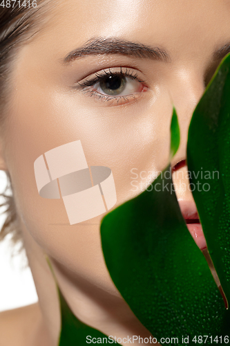 Image of Organic. Close up of beautiful young woman with green leaves over white background. Cosmetics and makeup, natural and eco treatment, skin care.