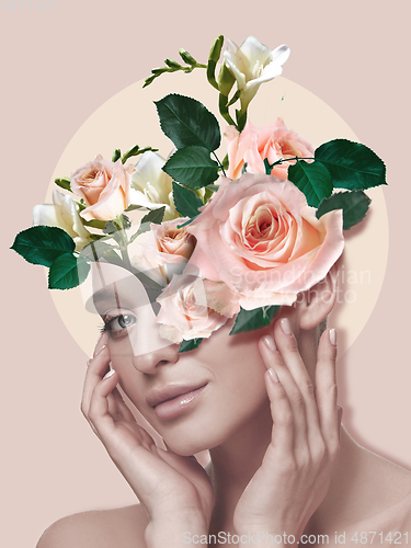 Image of Portrait of beautiful young woman with modern floral design, inspiration artwork. Fashion, beauty concept.