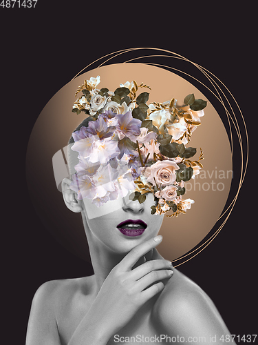 Image of Portrait of beautiful young woman with modern floral design, inspiration artwork. Fashion, beauty concept. Golden and black.