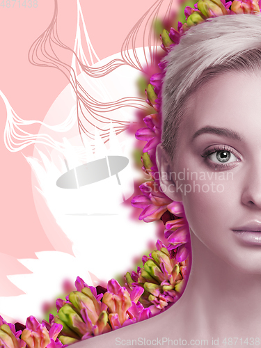 Image of Portrait of beautiful young woman with modern floral design, inspiration artwork. Fashion, beauty concept.