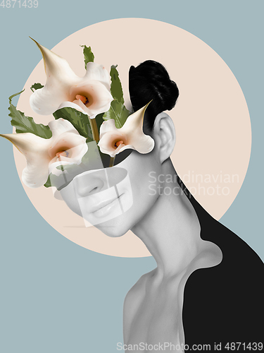 Image of Portrait of beautiful young woman with modern floral design, inspiration artwork. Fashion, beauty concept.