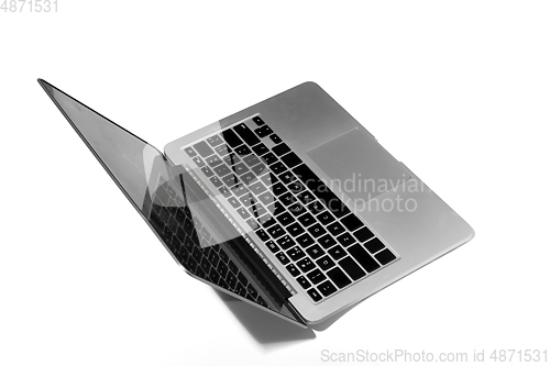 Image of Opened laptop isolated on white studio background with copyspace