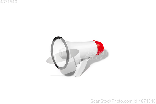 Image of Red and white megaphone isolated on white studio background with copyspace