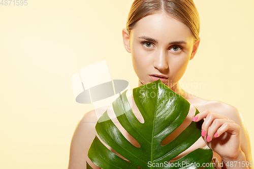 Image of Shiny. Close up of beautiful female face with green leaves over white background. Cosmetics and makeup, natural and eco treatment, skin care.