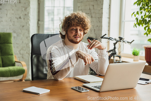 Image of Manager or student working from home while being insulated or keep quarantine \'cause of coronavirus COVID-19. Online conference, meeting.