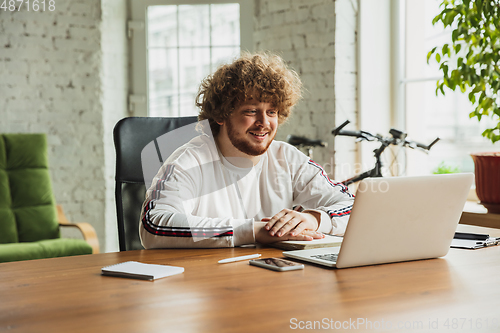 Image of Manager or student working from home while being insulated or keep quarantine \'cause of coronavirus COVID-19. Online conference, meeting.