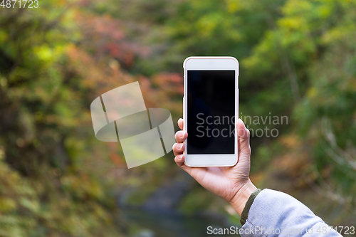 Image of Woman holding blank screen of cellphone at forest