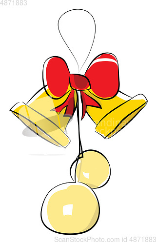 Image of A golden bell with hanging balls and a red bow-like ribbon for f