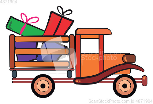 Image of Wooden car loaded with Christmas gifts vector or color illustrat