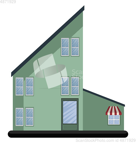 Image of Cartoon green building with blue roof vector illustartion on whi