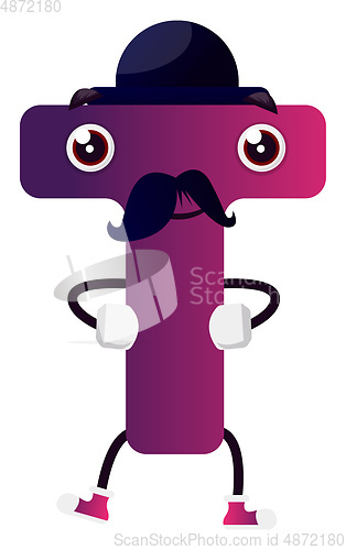 Image of Purple letter T wiyh black mustache and hat vector illustration 