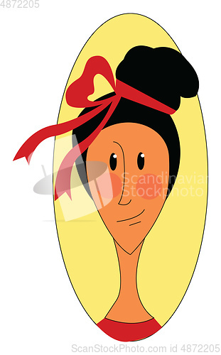 Image of Cartoon girl with red bow in yellow elipse vector illustration o