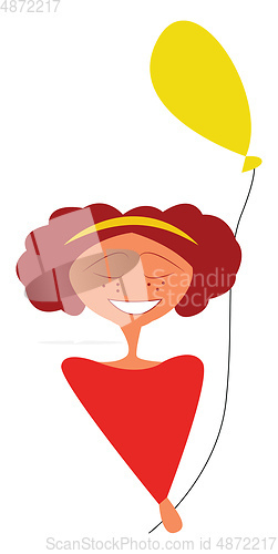 Image of A girl dressed in pretty red dress and holding a yellow balloon 