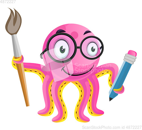Image of Artistic octopus with pencil and brush in hand illustration vect