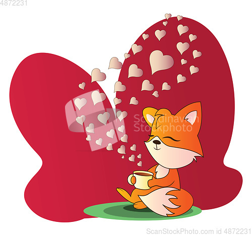 Image of Fox sitting and drinking a cup of coffee vector illistration in 
