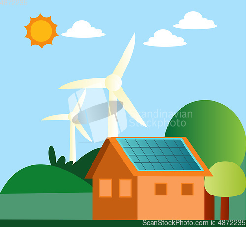 Image of Illustration of windmill and solar panels on a house illustratio