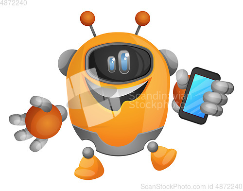 Image of Cartoon robot holding a smartphone illustration vector on white 