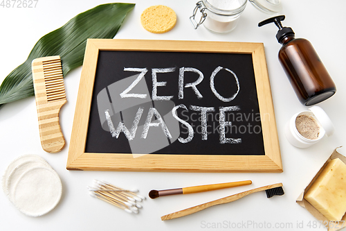 Image of natural cosmetics and chalkboard with zero waste