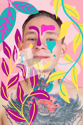 Image of Portrait of a young man with freaky appearance, look and bright colorful painted design