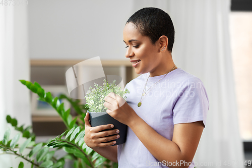 Image of african american woman with plants at home