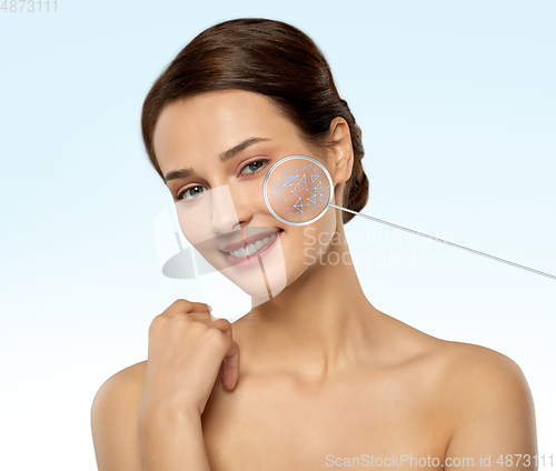 Image of young woman with face skin in zoomed pointers