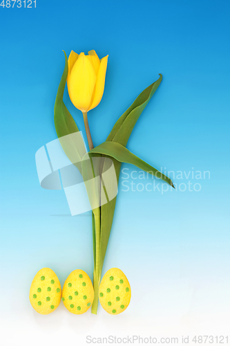 Image of Spring Tulip Flower with Decorated Easter Eggs 