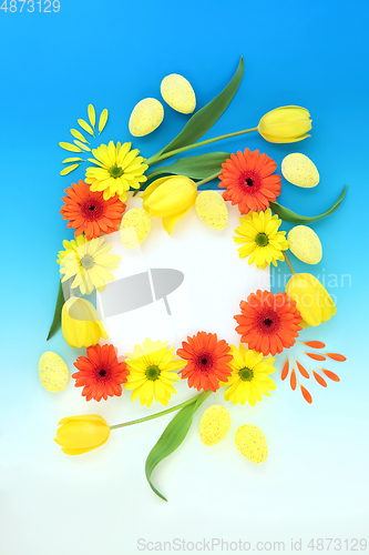 Image of Abstract Easter Egg and Spring Flower Background Border