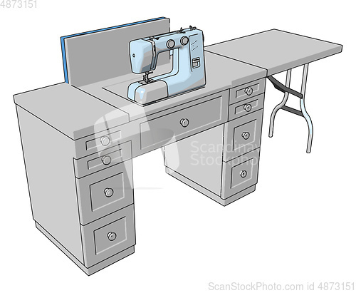 Image of 3D vector illustration of a sewing machine on a working table wh