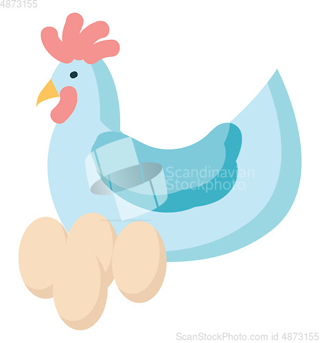 Image of Light blue chicken with four white eggs vector illustration on w