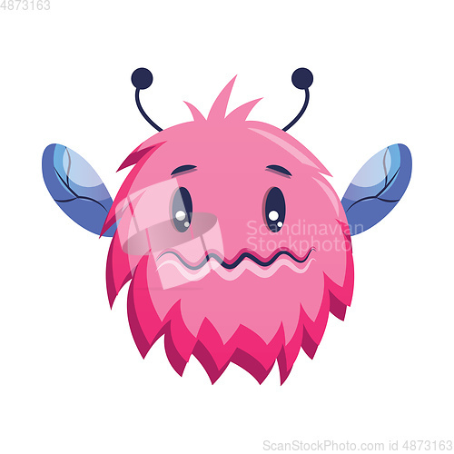 Image of Pink cartoon monster with blue wings  looking insecure white bac