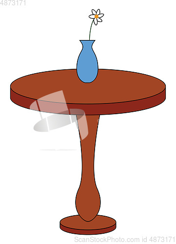 Image of Simple round brown table with a  white flower in blue vase on to