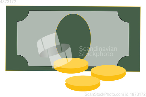 Image of Simple vector illustration of dollar bill and three coins on whi