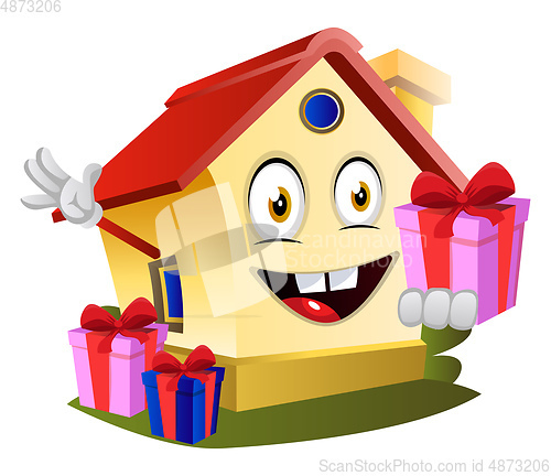 Image of House is holding present, illustration, vector on white backgrou