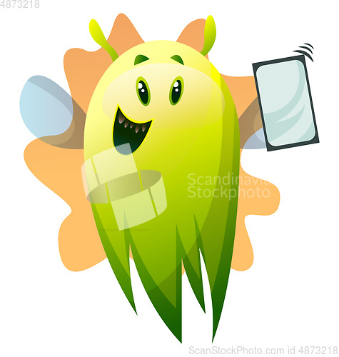 Image of Smiling cartoon green monster with phone vector illustartion on 