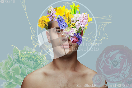 Image of Portrait of beautiful young man with modern floral design, inspiration artwork. Fashion, beauty, summer concept.