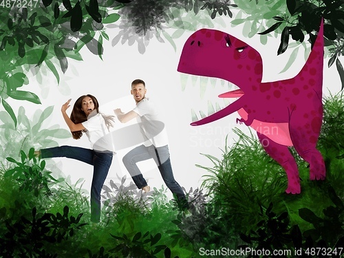 Image of Colorful drawing in cartoon style collaged with portrait of young caucasian couple running from dinosaur in jungle