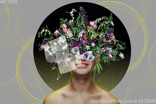 Image of Portrait of beautiful young man with modern floral design, inspiration artwork. Fashion, beauty, summer concept.