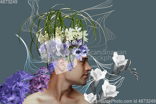 Image of Portrait of beautiful young man with modern floral design, inspiration artwork. Fashion, beauty, summer concept.