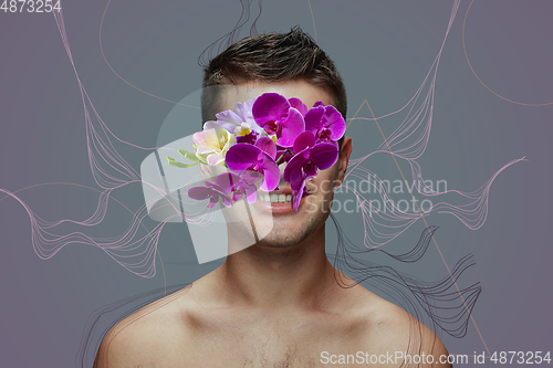 Image of Portrait of beautiful young man with modern floral design, inspiration artwork. Fashion, beauty, summer concept.