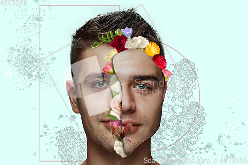 Image of Portrait of beautiful young man with modern floral design, inspiration artwork. Fashion, beauty, summer concept.