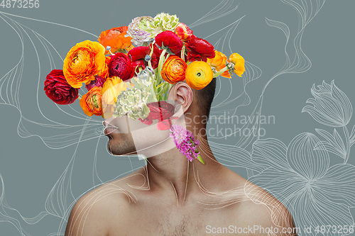 Image of Portrait of beautiful young man with modern floral design, inspiration artwork. Fashion, beauty, summer concept.