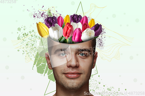 Image of Portrait of beautiful young man with modern floral design, inspiration artwork. Fashion, beauty, summer concept.