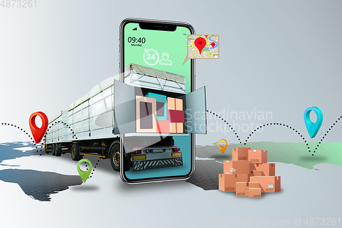 Image of Home delivery, food purchase via the Internet. Your smartphone like track with food arriving to any address worldwide