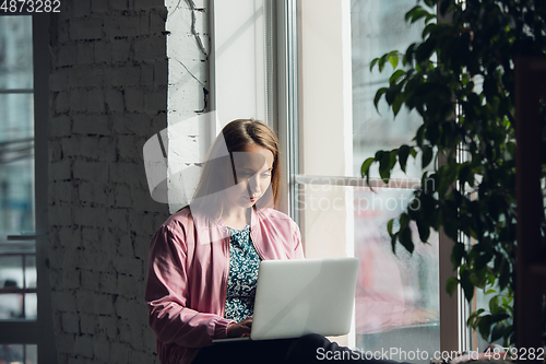 Image of Young woman, businesswoman working or studying at home with laptop near window. Attented, concentrated. Copyspace.