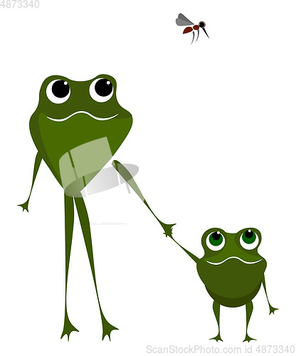 Image of Two frogs walking holding their hands and a mosquito flies above