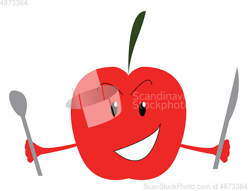 Image of A crazy red apple is ready to feast with spoon and knife in the 