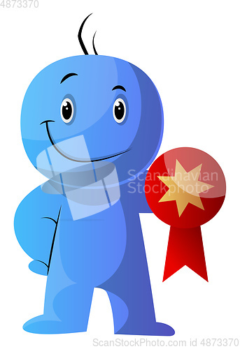 Image of Blue cartoon caracter hodling a medal illustration vector on whi