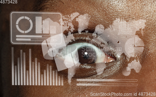 Image of Interface modern technology and digital layer effect in front of close up human eye full of sadness as business, finance crisis, economics recession, unemployment concept