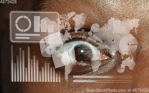 Image of Interface modern technology and digital layer effect in front of close up human eye full of sadness as business, finance crisis, economics recession, unemployment concept